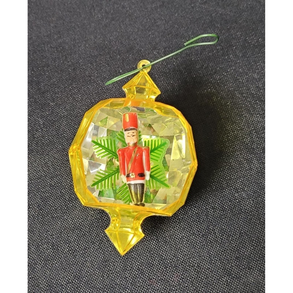 Vintage Yellow Jewelbrite Plastic Diorama Christmas Ornament with Toy Soldier